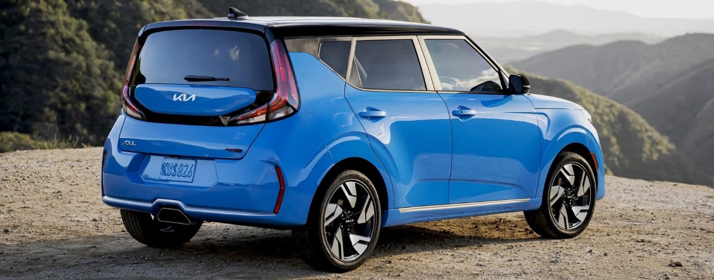 Blue 2024 Kia Soul GT parked at an overlook