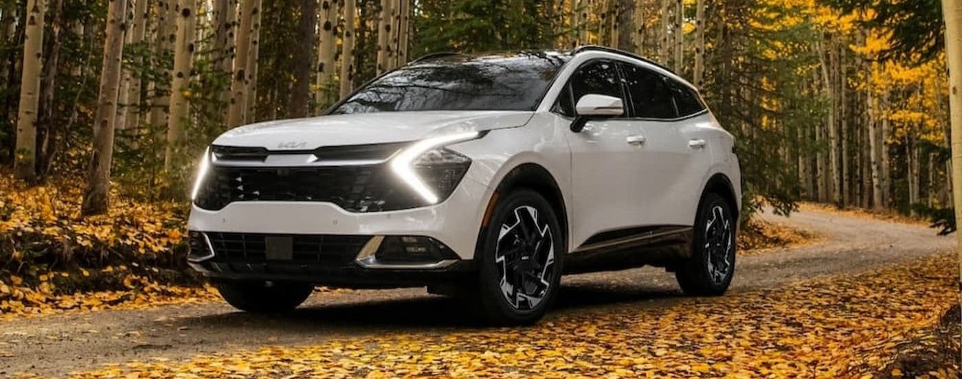 A white 2024 Kia Sportage driving on a backroad.