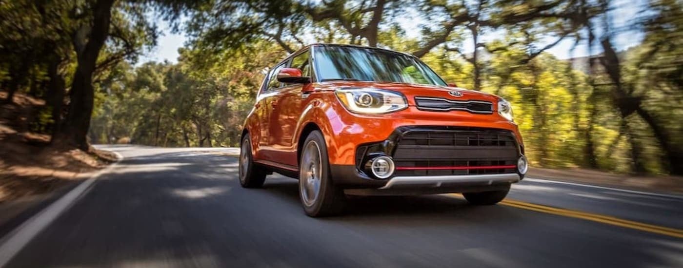 An orange 2019 Kia Sportage driving on a backroad.